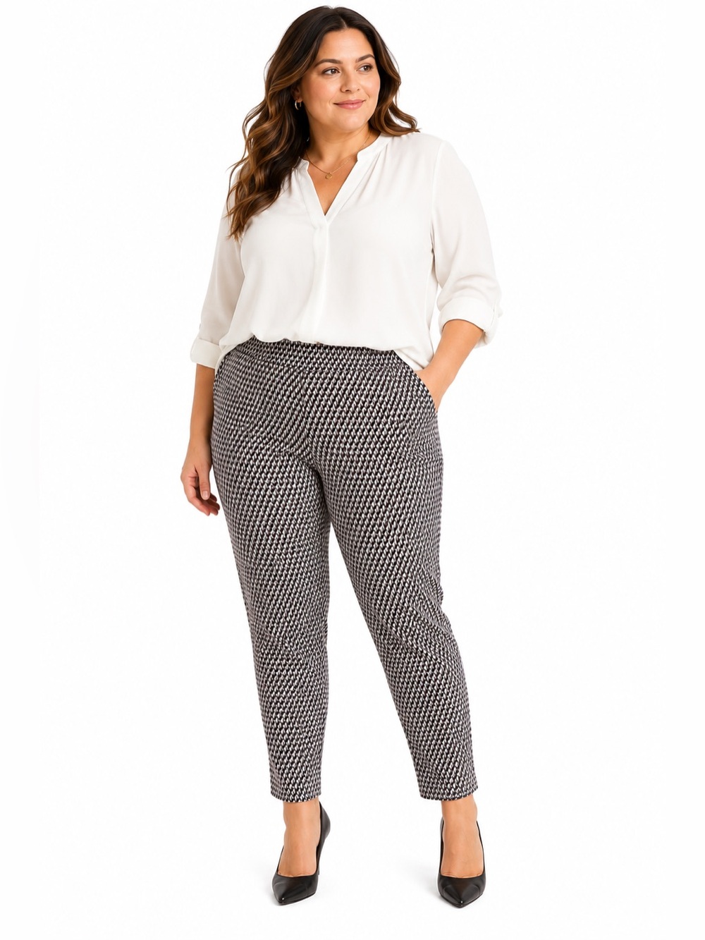 Pull On Ankle Pants XL Brown White Stretch Office Career Business Casual Cropped